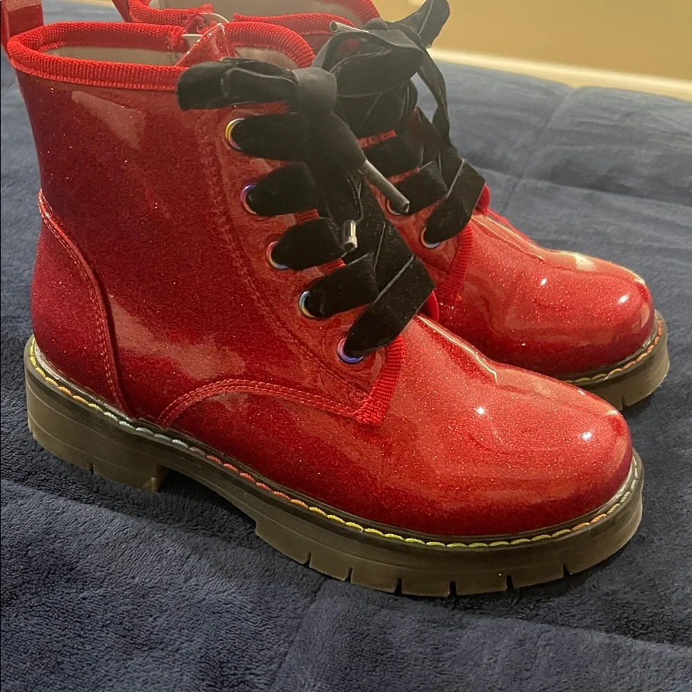 Dream Pairs Red Glitter Kids Boots with Black Velvet Laces